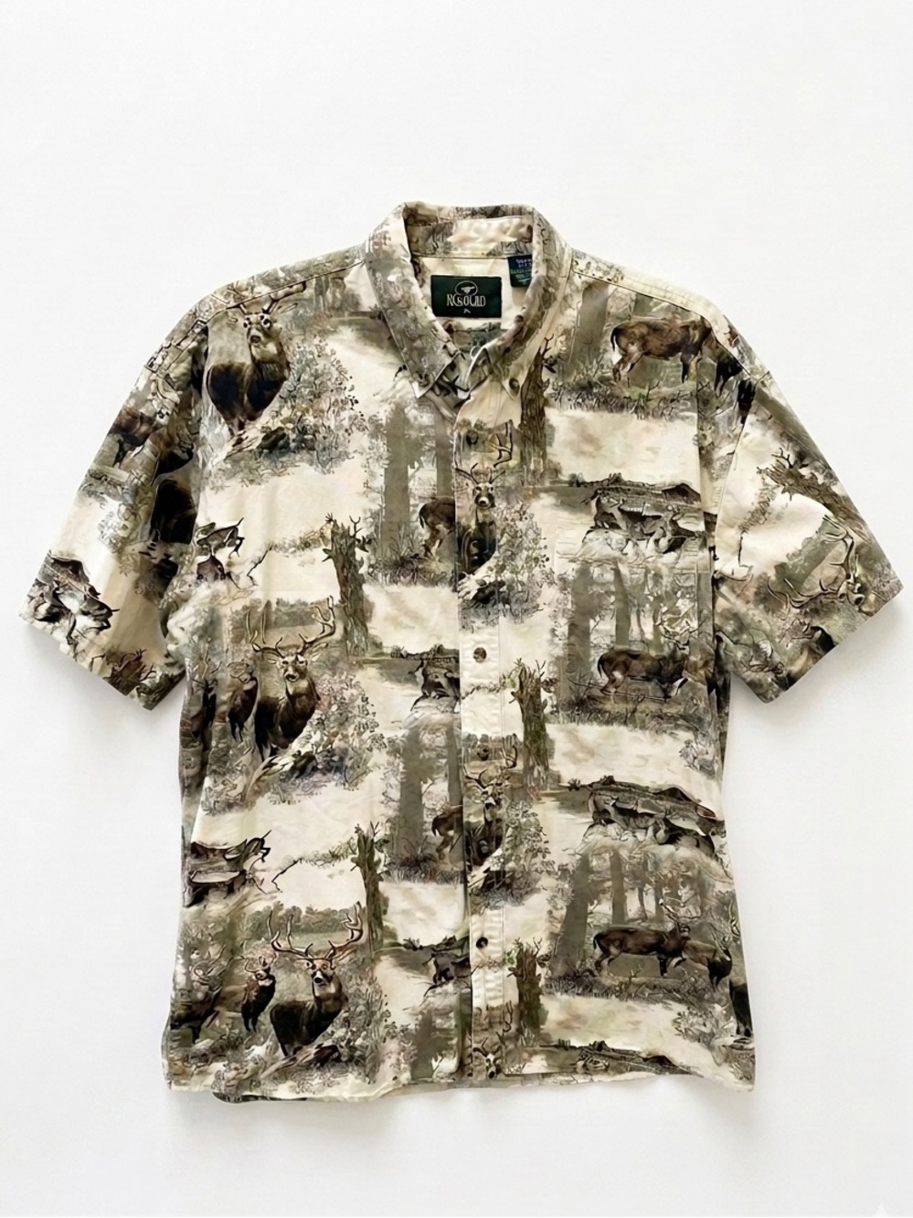 RedHead all-over wildlife deer print men's short-sleeve button-down shirt Large